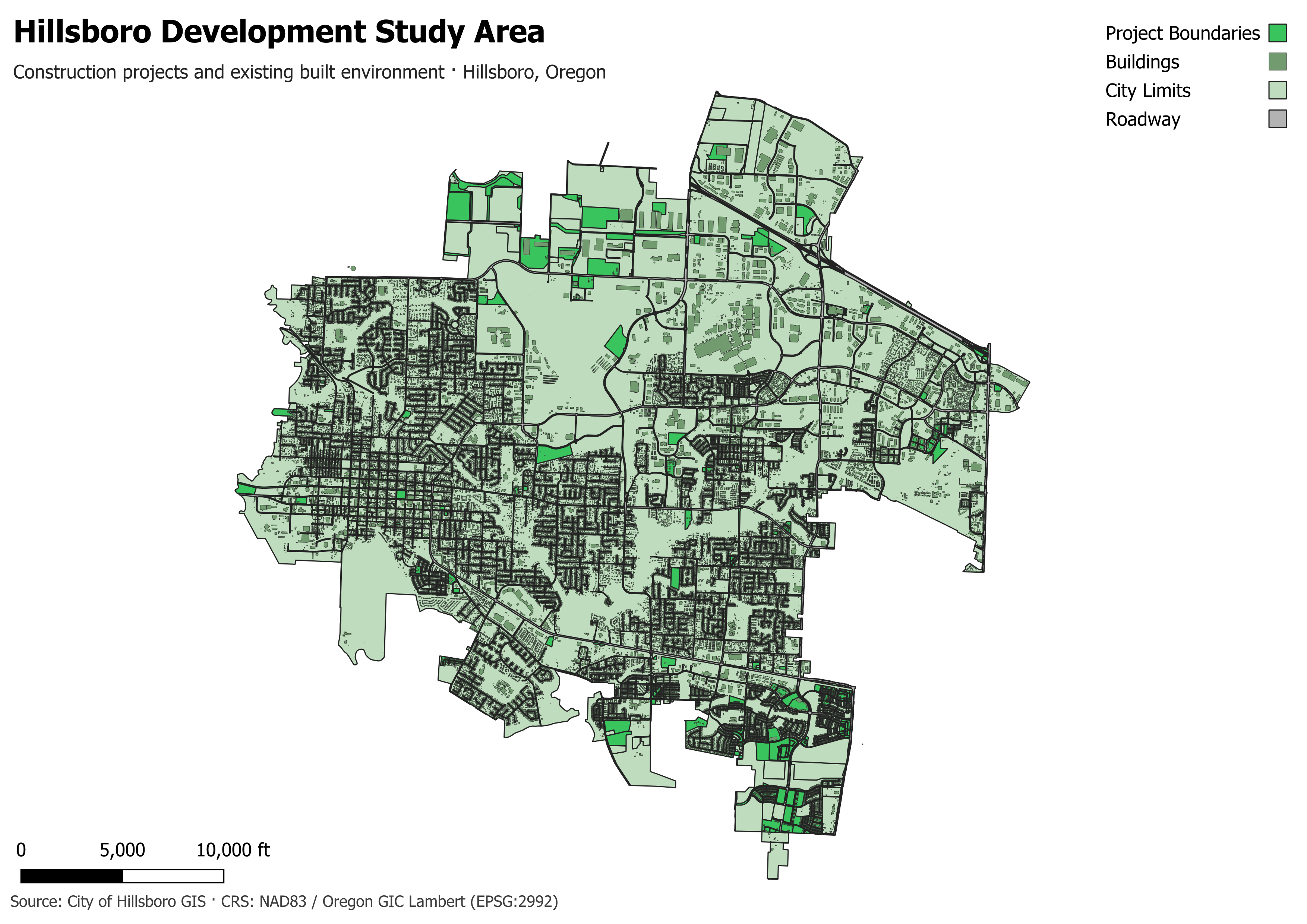 Hillsboro development study area, showing construction projects, buildings, roads, and city limits.